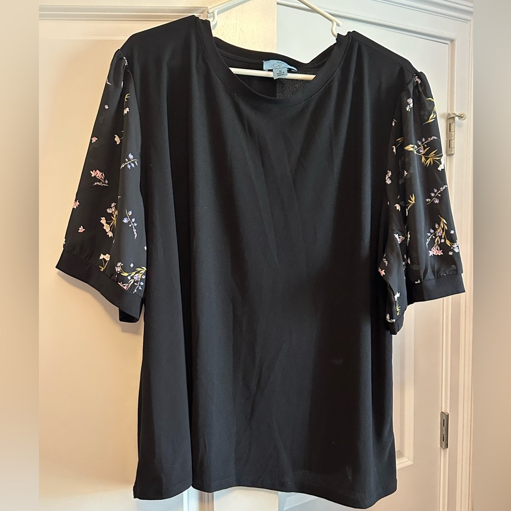 CeCe Black Blouse with Floral Sleeves